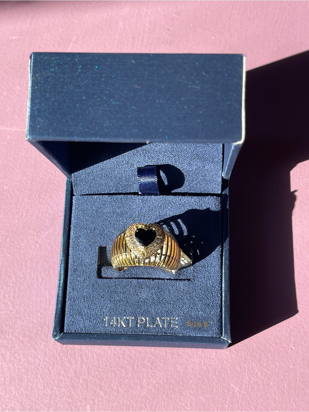 14KT Plate Gold Heart Ring with Black Stone - Size 9 New With Tags